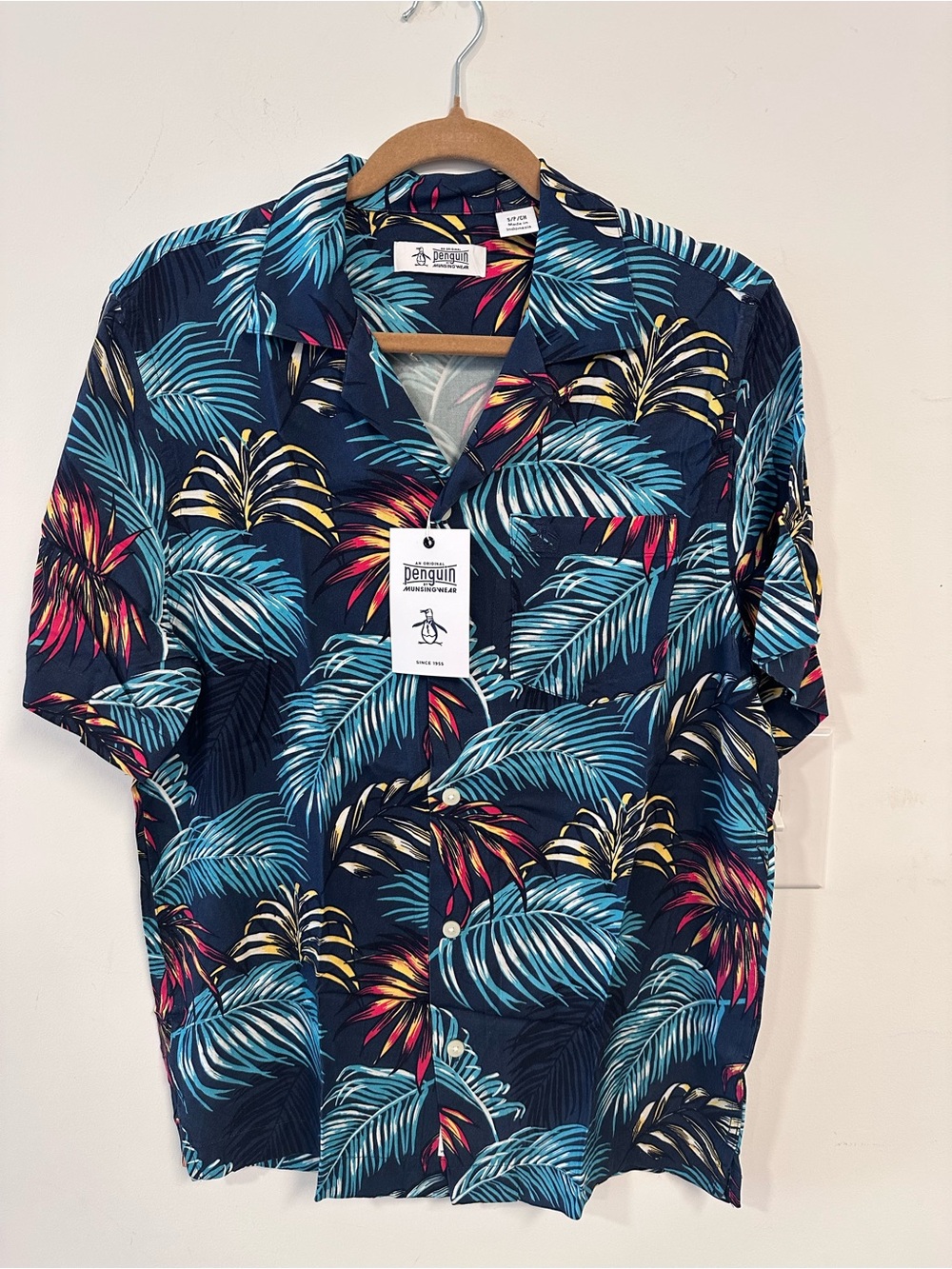 Original Penguin Navy Tropical Leaf Print Short Sleeve Shirt